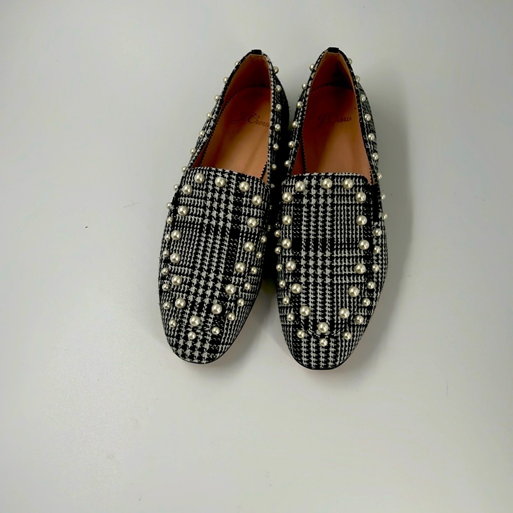 J.Crew houndstooth loafers with pearl accents